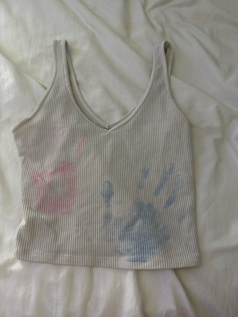 Hollister White Ribbed V-Neck Tank with Handprint Stain Accents